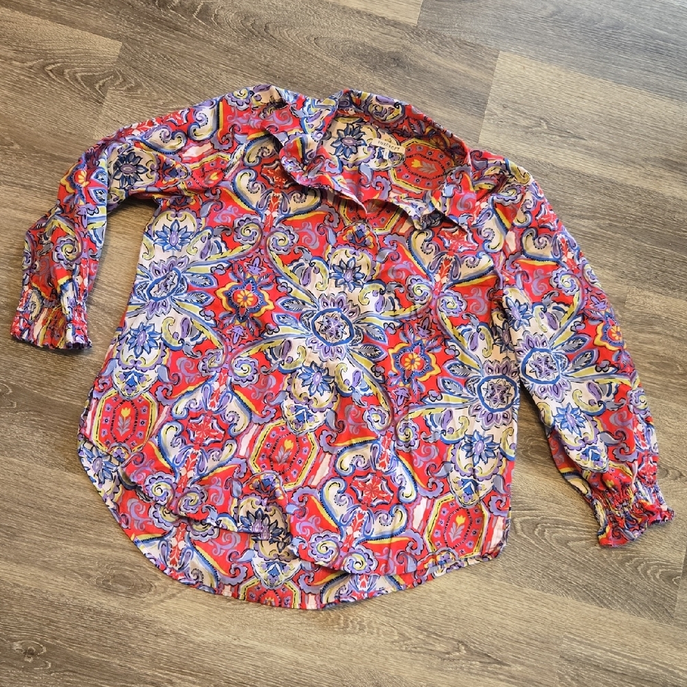 Foxcroft Medallion Print Cotton Blouse Size Large